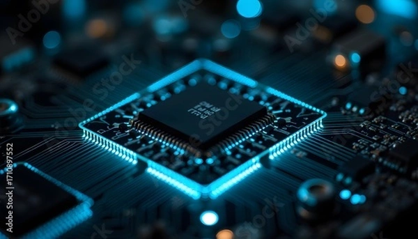 Fototapeta Close-Up of High-Tech Microchip on Circuit Board with LED Lighting Effects