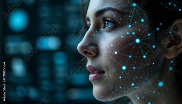Fototapeta Close-Up of Woman's Face with Digital Connections and Technology Interface Background