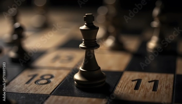 Fototapeta Elegant chess king piece on board with dramatic lighting and soft focus background