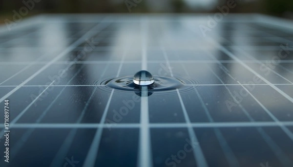 Fototapeta Water Droplet on Solar Panel Surface Reflecting Light and Environment Outdoors
