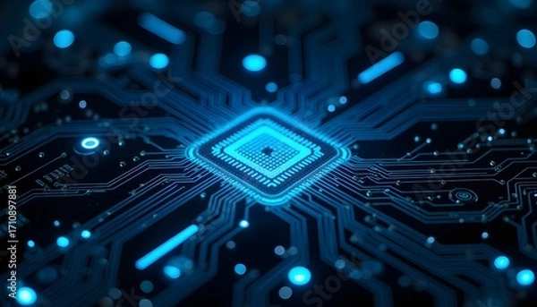 Fototapeta Abstract Blue Circuit Board with Microchip and Glowing Elements in Dark Background
