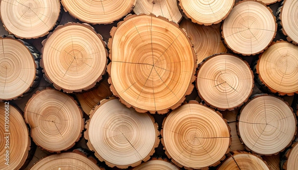 Fototapeta Wooden Texture: A close-up shot reveals a collection of neatly arranged tree log cross sections, displaying their intricate growth rings and natural wood grain.