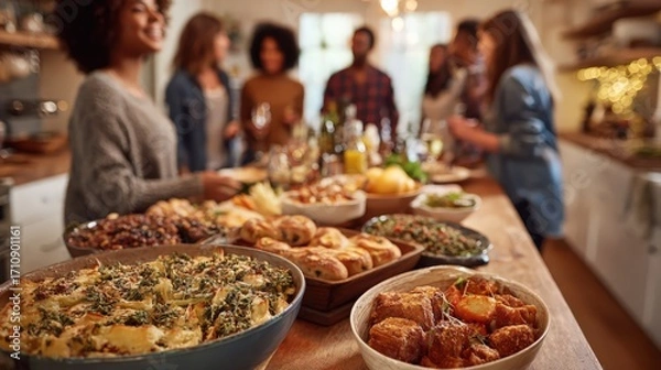Obraz A Friendsgiving potluck, with a diverse array of homemade dishes on a kitchen island. Friends are mingling and chatting in the background. Community, food, social gathering. 