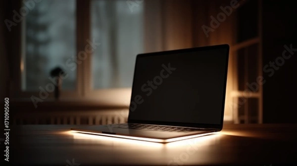 Obraz Cyber promo minimal device glow: silhouette glow of generic laptop and earbuds, cool ambient light, negative space right 
