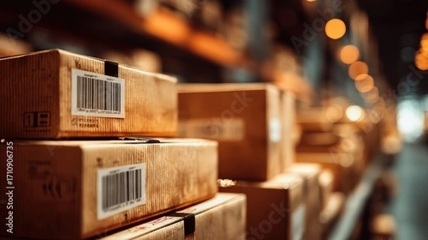Obraz Logistics and shipping, brown boxes stack, barcode close-up (generic), warehouse bokeh, 