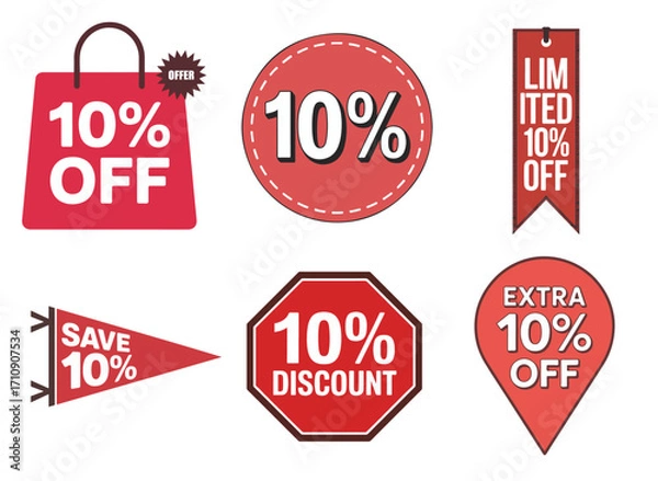 Fototapeta Ten percent discount badge bundle with shopping bag, stitched button, ribbon, pennant, octagon sign and map pin design, vector