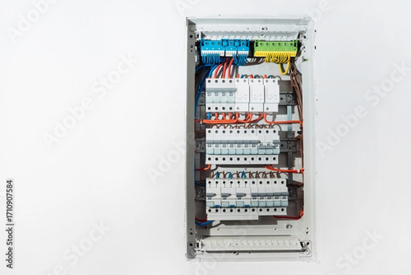 Fototapeta Full view of electrical distribution panel with circuit breakers placed in wall. Background with copy space.