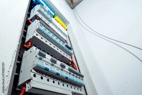 Fototapeta Electrical panel with multiple automatic circuit breakers and connected wires, modern power distribution system in residential building. Background with copy space.