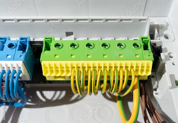 Fototapeta Close-up of grounding bar with connected yellow-green wires inside electrical panel for safe and reliable power distribution.