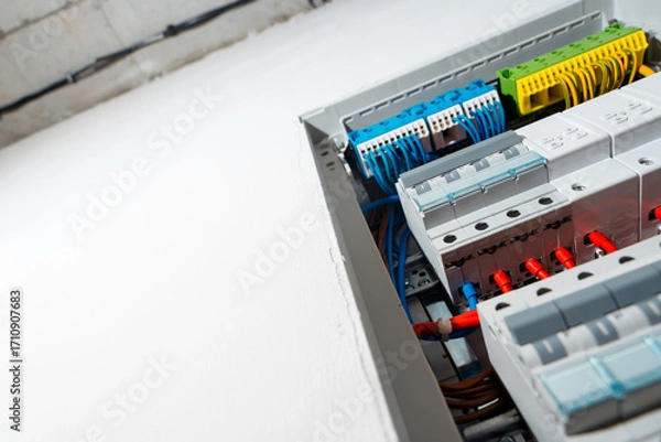 Fototapeta Detailed view of modern electrical switchboard with installed circuit breakers, connected cables and professional power distribution system.