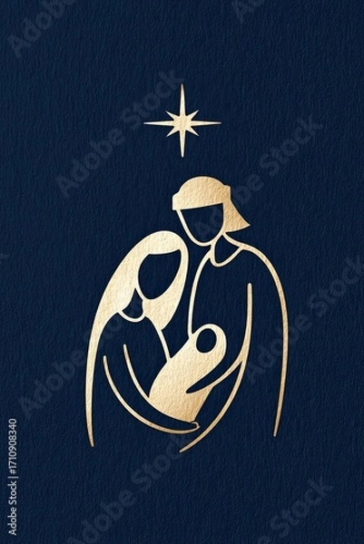 Fototapeta Minimalist nativity scene illustration featuring a mother, father, and child, with a star above, conveying a serene and peaceful holiday ambiance with copy space