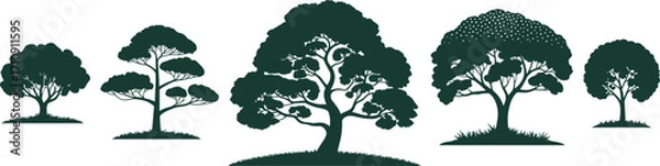 Fototapeta Vector Set of Dark Green Tree Silhouettes, A Diverse Collection of Tree Shapes and Species, Nature and Forest-Themed Graphic Design Elements.