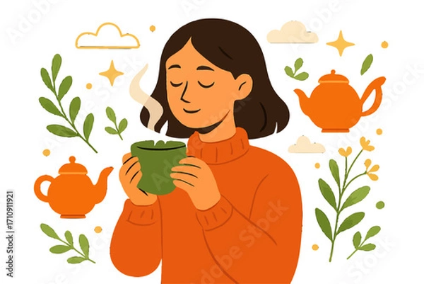 Fototapeta Cozy woman enjoying a steaming mug of tea, eyes closed in peace, wearing an orange sweater. Background features teapots, leaves, flowers, clouds, in warm autumn colors. Evokes deep relaxation and sere