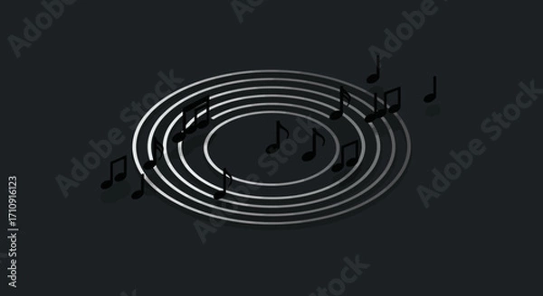 Obraz 3d music notes on concentric circles with dark background