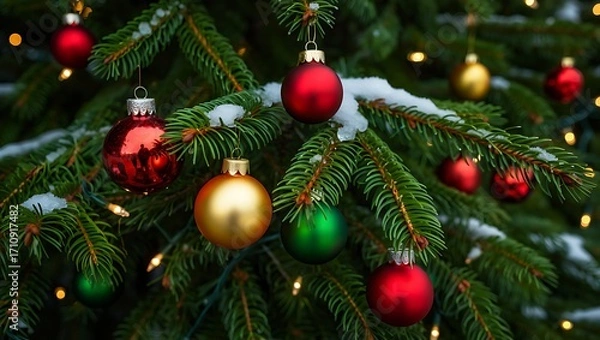 Fototapeta Christmas tree decorated with colorful ornaments and lights