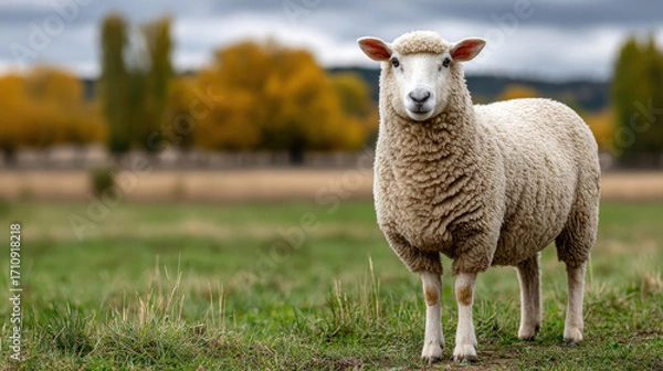 Fototapeta Cute lone sheep standing on green pasture, wolly animal grazing in field with autumn trees in background, farm and nature concept