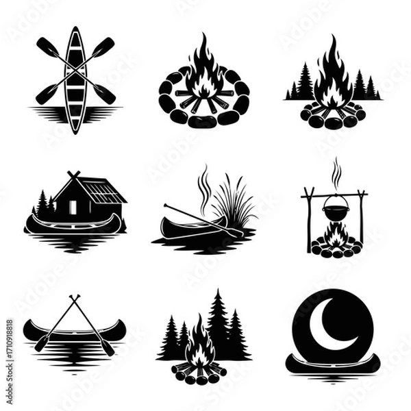 Fototapeta Vector art of collection of camping icons featuring a canoe, campfire, and pine trees, perfect for outdoor adventure designs