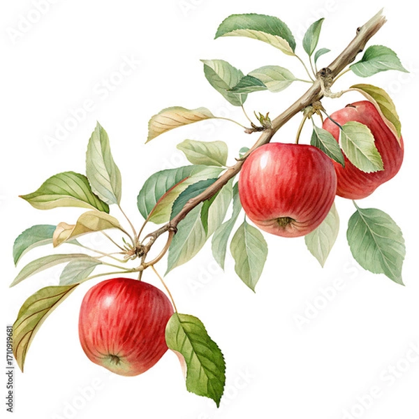 Fototapeta Red apples on tree with green leaves in watercolor illustration of fruit and nature theme art