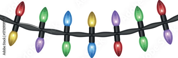 Fototapeta A string of traditional Christmas lights is depicted with colorful, classic bulbs. 