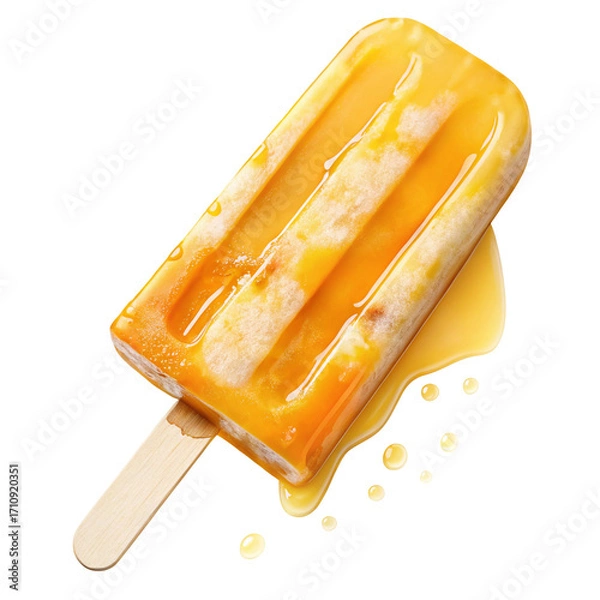 Fototapeta Tropical mango popsicle with refreshing summer flavors and sweet syrup dripping on white background