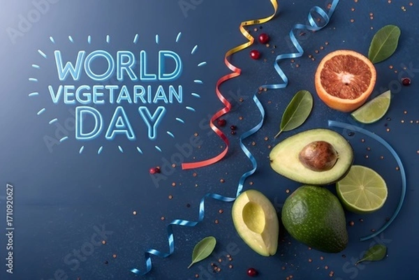 Fototapeta Celebrate World Vegetarian Day! A vibrant, festive flat lay of fresh avocado, citrus, and confetti with a glowing neon sign for a healthy plant-based party.
AI-generated image, 