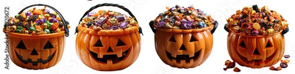 Fototapeta Four orange jackolantern candy buckets filled with assorted candies isolated on transparent background