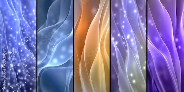 Fototapeta Flowing abstract wave panels in blue gold and purple with glowing particles vertical set