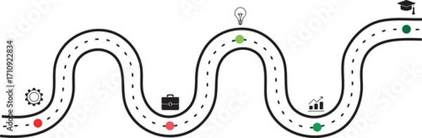 Fototapeta Curved timeline infographic with winding path road design showing process stages development steps and project workflow progress in creative business diagram layout