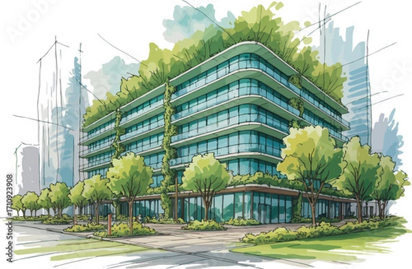 Fototapeta This architectural rendering depicts a modern building thoughtfully integrated with lush greenery.