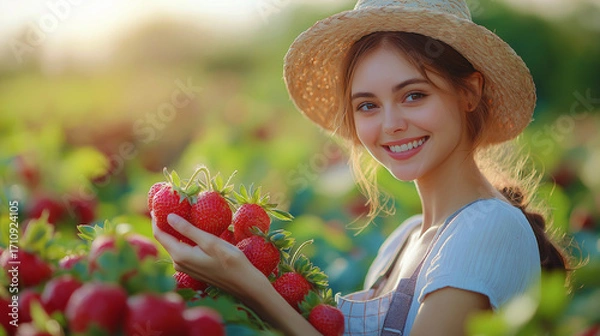 Fototapeta Girl picking strawberries in the field. Strawberry picking idea