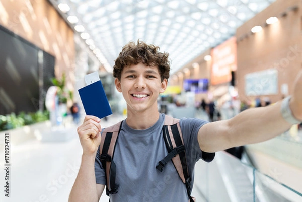 Fototapeta Young Caucasian man taking selfie with passport and boarding pass at airport. Symbol of positive travel lifestyle, departure routine, youth energy and happiness
