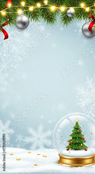 Fototapeta Enchanting Winter Holiday Scene with Sparkling Decorations, Evergreen Branches, and a Miniature Christmas Tree in a Snow Globe on a Snowy Background Perfect for Festive Greetings