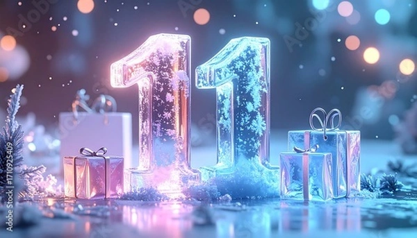 Obraz Two large, glowing, ice-like number elevens stand amidst scattered snow and wrapped gifts, illuminated by soft, colorful bokeh lights in the background.