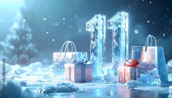 Obraz Frozen number eleven with gifts and shopping bags in a snowy, wintery scene, suggesting a sale or special event.
