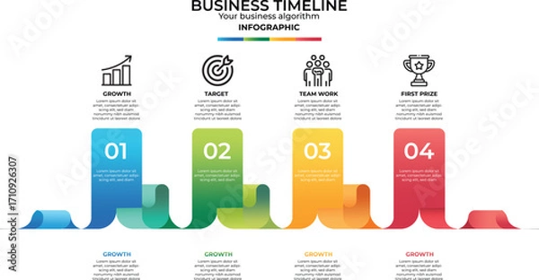 Fototapeta Business Timeline Infographic Template with Colorful Ribbon Steps, Growth and Success Process Diagram