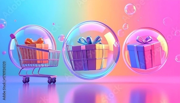Obraz Three gift boxes with ribbons are encased in transparent bubbles, one in a shopping cart, against a vibrant pastel gradient background.