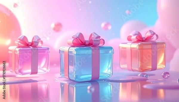 Obraz Three pastel-colored, translucent gift boxes with pink ribbons sit on a reflective surface, surrounded by floating spheres in a soft, dreamy atmosphere.