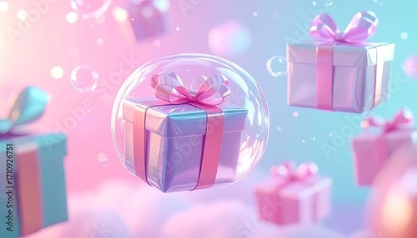 Obraz Floating gift boxes with pink ribbons surrounded by bubbles against a pastel pink and blue cloud-like background.