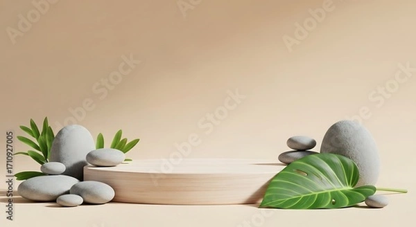 Fototapeta A serene product display featuring a wooden podium adorned with smooth grey stones and lush green leaves, bathed in soft, natural light against a calming beige backdrop, creating a zen atmosphere
