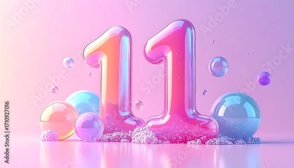 Obraz Shiny pink and iridescent number eleven with pastel spheres on a reflective surface, against a soft gradient background.