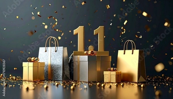 Obraz Golden "11.11" numbers sit atop a gift box surrounded by shopping bags and smaller presents, with confetti scattered around, symbolizing a sales event.