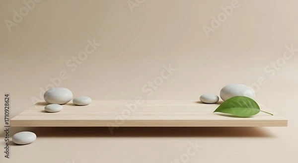Fototapeta A minimalist zeninspired scene featuring a wooden platform adorned with smooth, white stones and a vibrant green leaf, set against a serene beige backdrop creating a sense of tranquility and balance