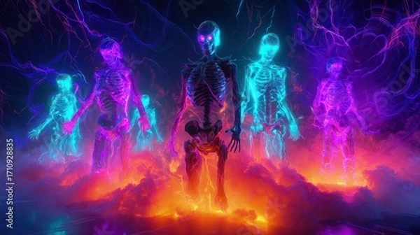 Obraz Colorful Glowing Skeletons Surrounded by Electric Energy Create a Vivid Sci-Fi Scene at Night