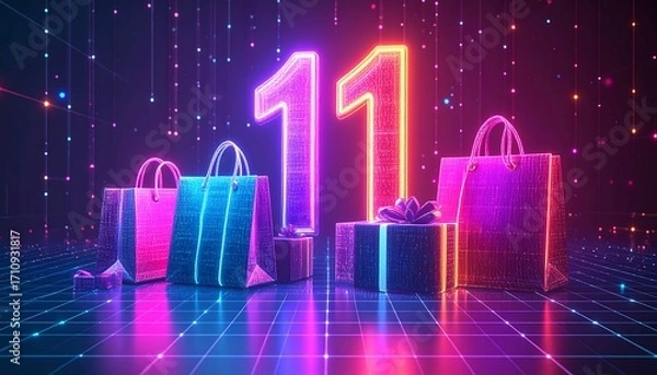 Obraz Neon number eleven with shopping bags and gift boxes on a reflective surface, against a dark, grid-like background.