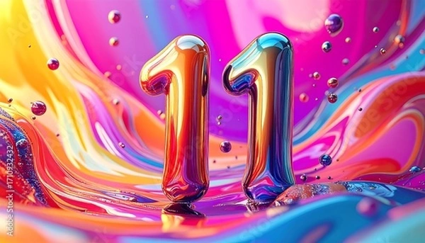 Obraz Two shiny, metallic number eleven figures stand against a vibrant, swirling, abstract background of colorful liquid paint.