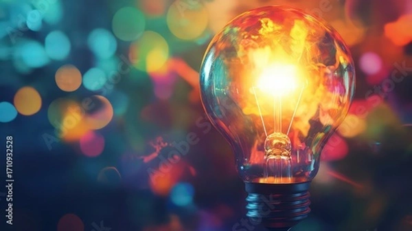 Fototapeta Light bulb with glowing abstract background and wide space for text