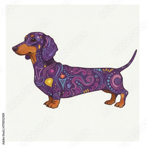 Fototapeta Colorful dachshund illustration with abstract patterns on coat  