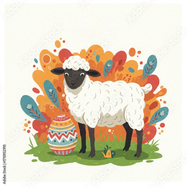 Fototapeta Playful sheep standing beside colorful decorated Easter egg  