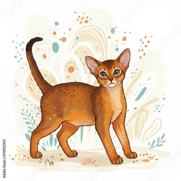 Fototapeta Cute brown cat standing with playful expression in floral background  