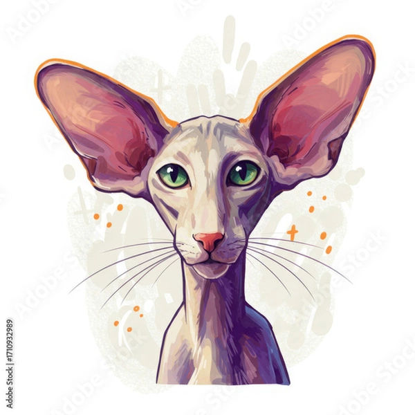 Fototapeta Stylized illustration of a Sphynx cat with large ears and green eyes  